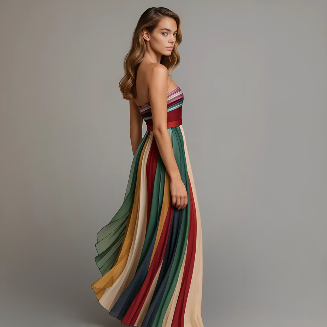 Isabelle strapless pleated maxi dress in vibrant, flowing colorful stripes for a joyful summer look.