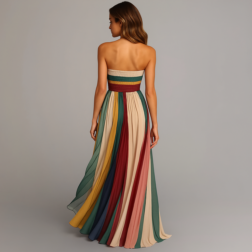 Isabelle strapless pleated maxi dress in vibrant, flowing colorful stripes.