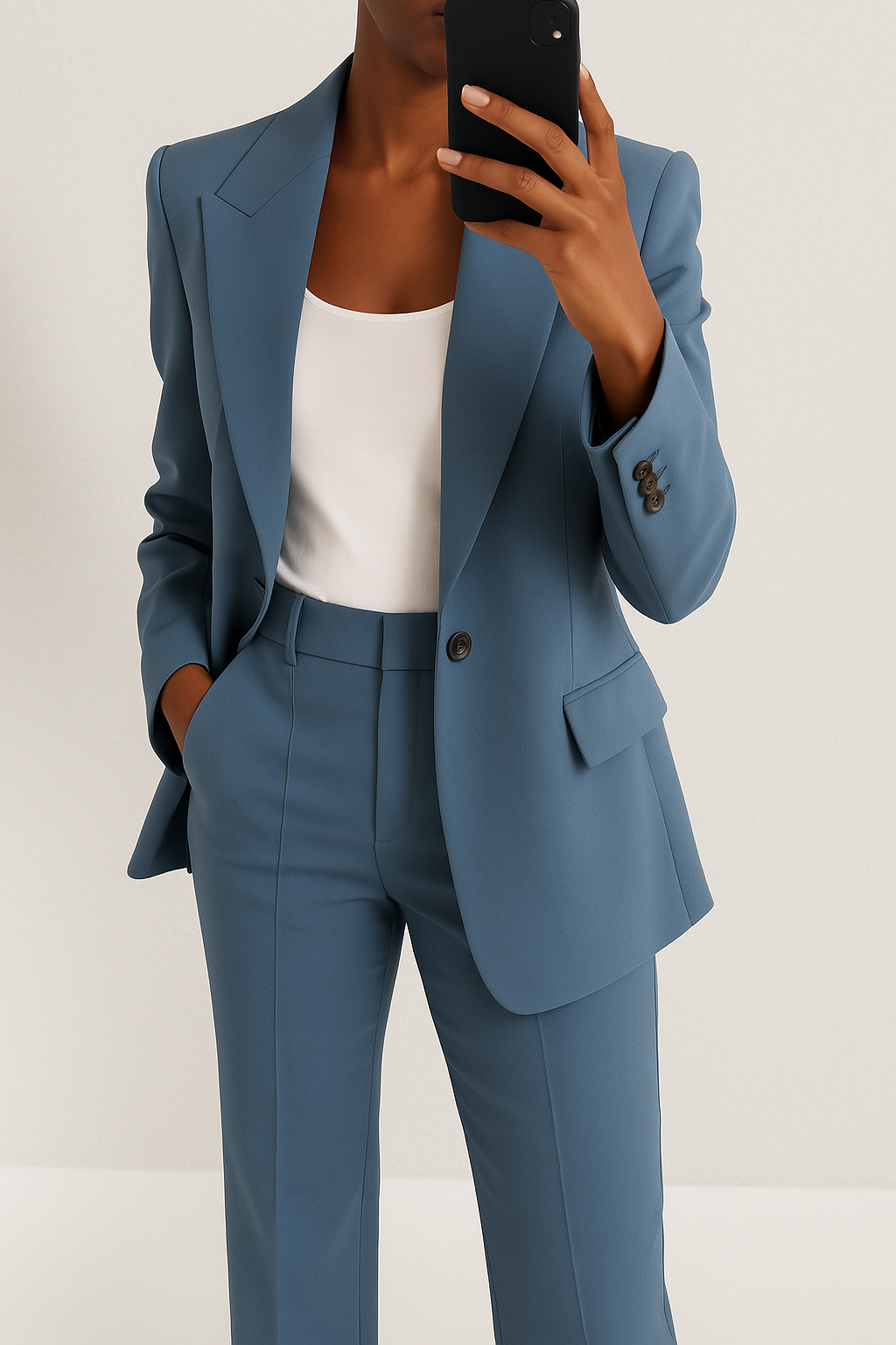 Blue tailored suit set featuring a single-button blazer with peaked lapels and matching straight-leg trousers.