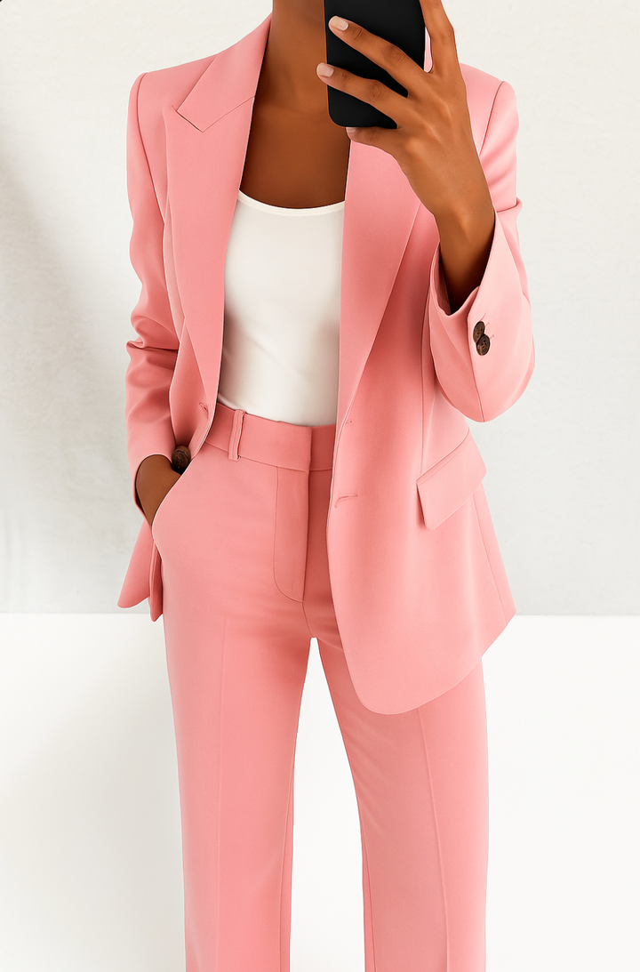 Tailored pink suit set featuring a single-button blazer with peaked lapels and matching straight-leg trousers.