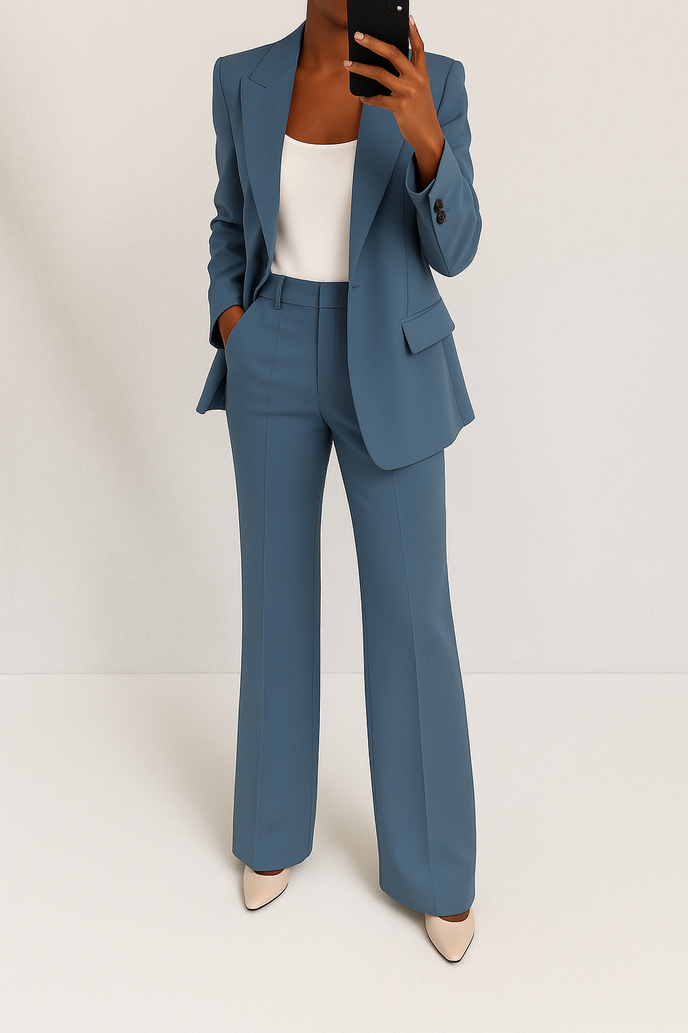 Blue tailored women's suit set featuring a single-button blazer with peaked lapels and matching straight-leg trousers.