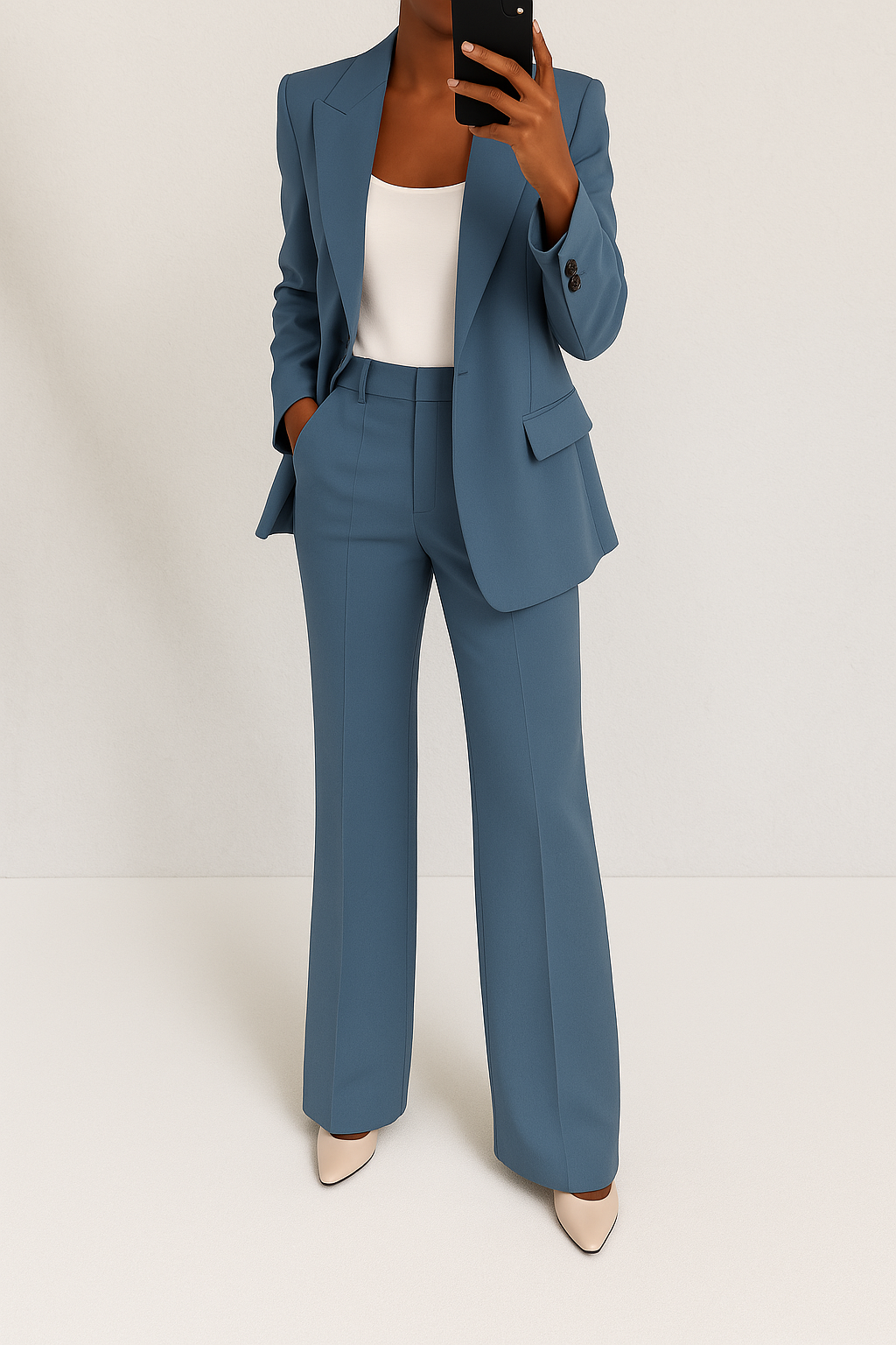 Blue tailored women's suit set featuring a single-button blazer with peaked lapels and matching straight-leg trousers.