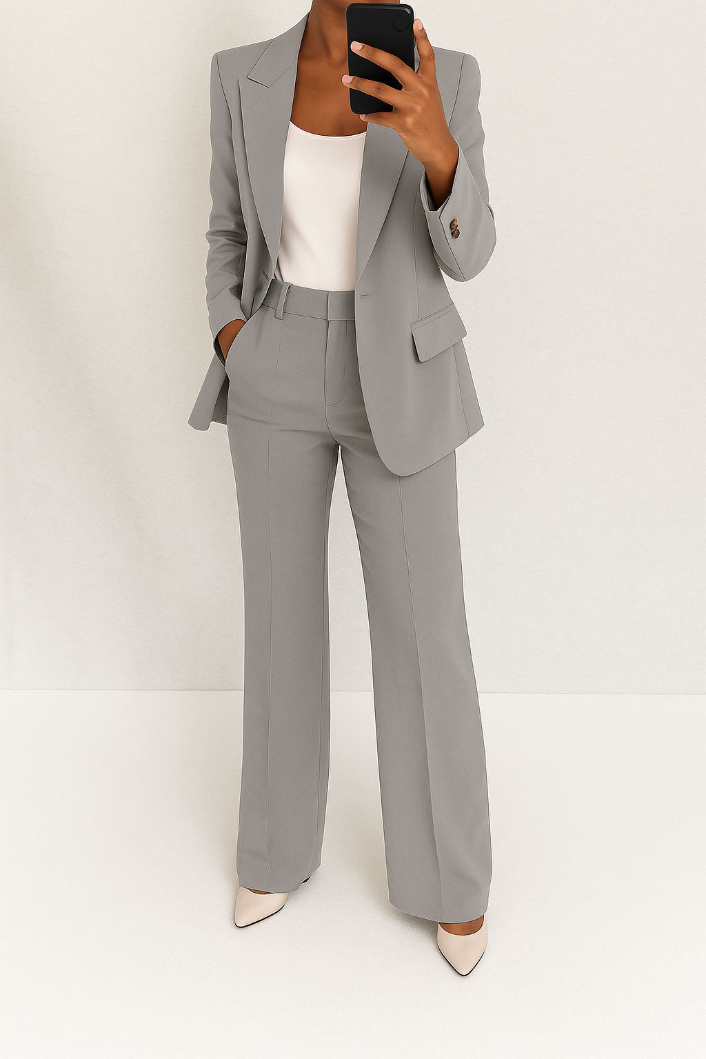 Grey tailored suit set featuring a single-button blazer with peaked lapels and matching straight-leg trousers.