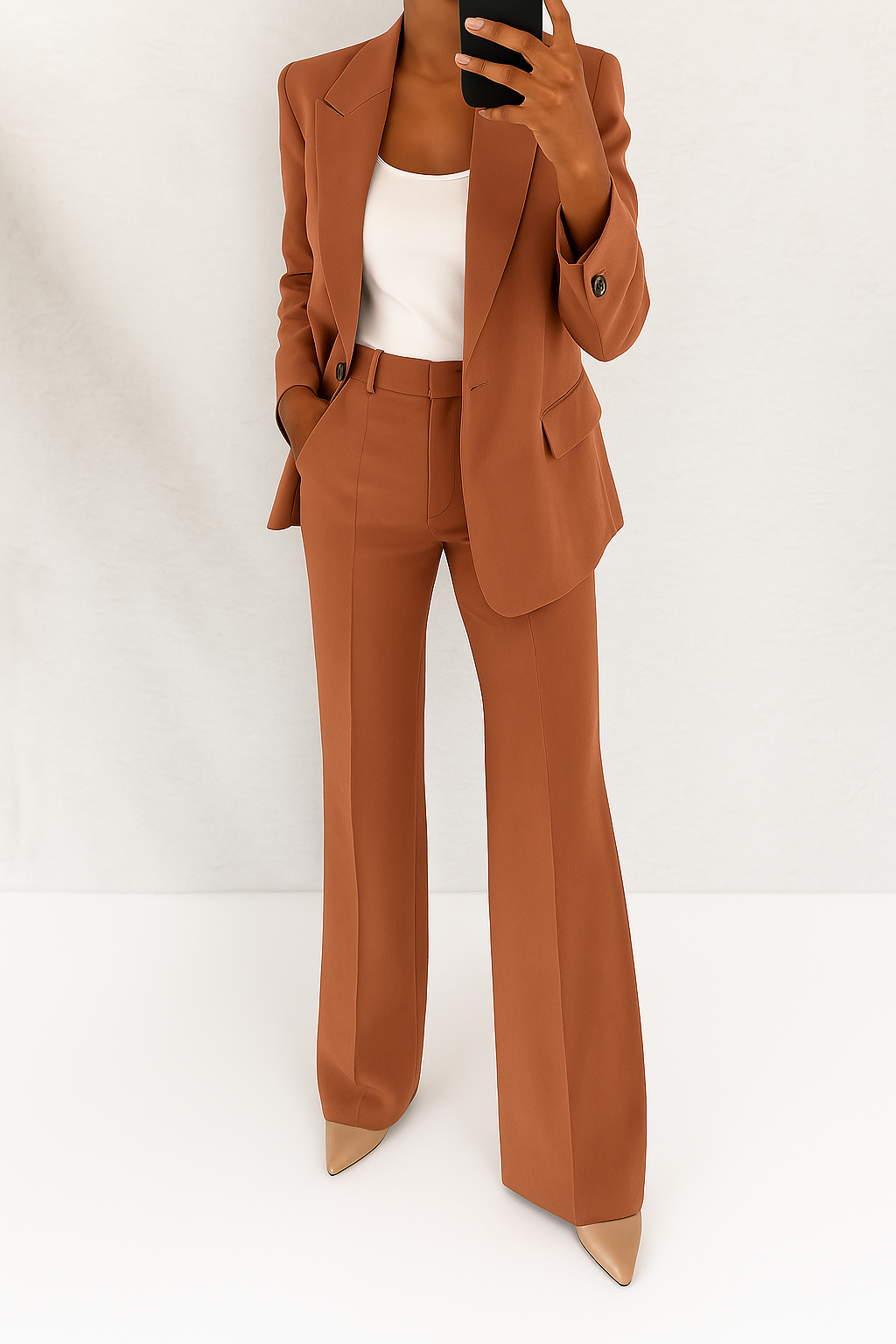 Woman wearing a rust-colored tailored suit with a single-button blazer and straight-leg trousers over a white top.