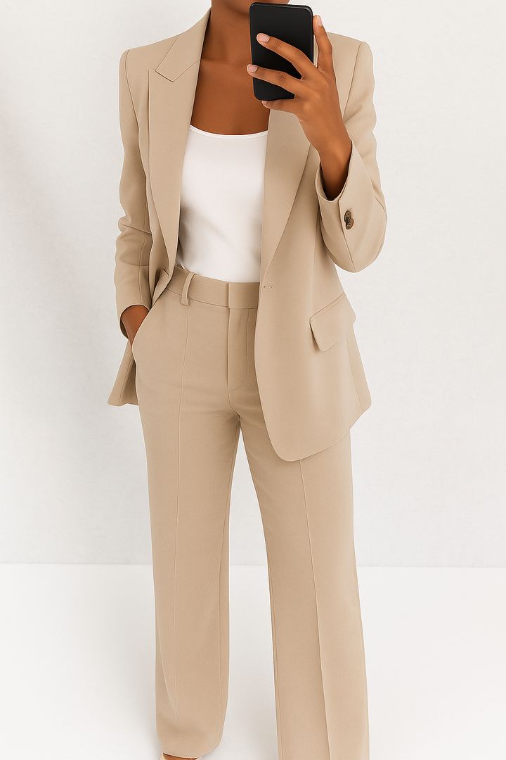Beige tailored two-piece suit with a single-button blazer, peaked lapels, and straight-leg trousers with a center crease.