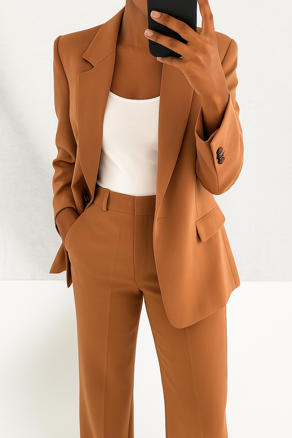 Woman wearing a tailored tan single-button blazer and matching straight-leg trousers with a white top.