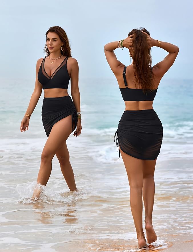Isla women's black two-piece swim skirt set with a supportive V-neck top and high-waisted, ruched skirt.