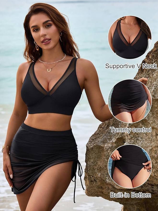 Isla women's black two-piece swim skirt set with supportive V-neck top, high-waisted tummy control skirt, and built-in bottom.