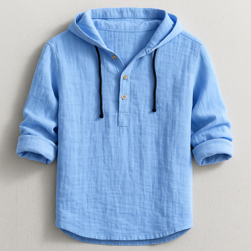 Light blue men's linen-look hooded henley shirt with a half-button placket, drawstring, and roll-back long sleeves.
