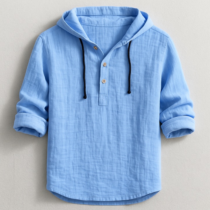 Light blue men's linen-look hooded henley shirt with a half-button placket, drawstring, and roll-back long sleeves.
