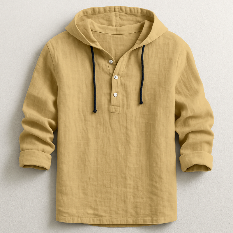 Mustard yellow men's linen-look hooded henley shirt with a half-button placket and long roll-back sleeves.