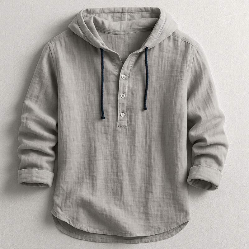 Light grey men's linen-look hooded henley shirt with a half-button placket, drawstring hood, and roll-back sleeves.