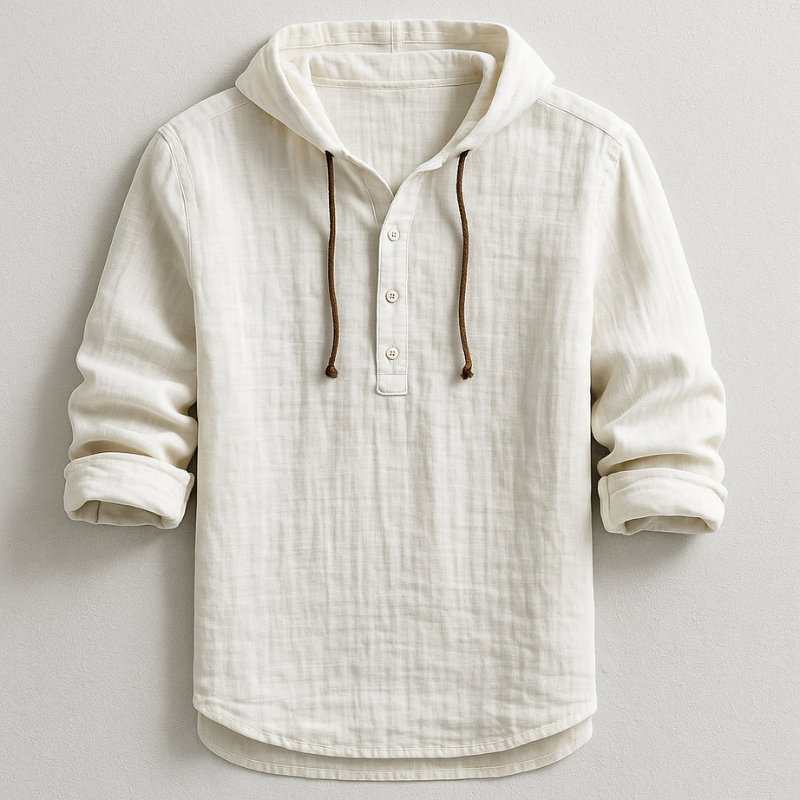 Off-white linen-look hooded henley shirt with long roll-back sleeves, a half-button placket, and a curved hem.