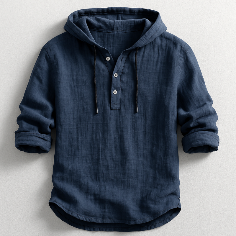 Navy blue men's linen-look hooded henley shirt with a half-button placket, drawstring hood, and roll-back long sleeves.