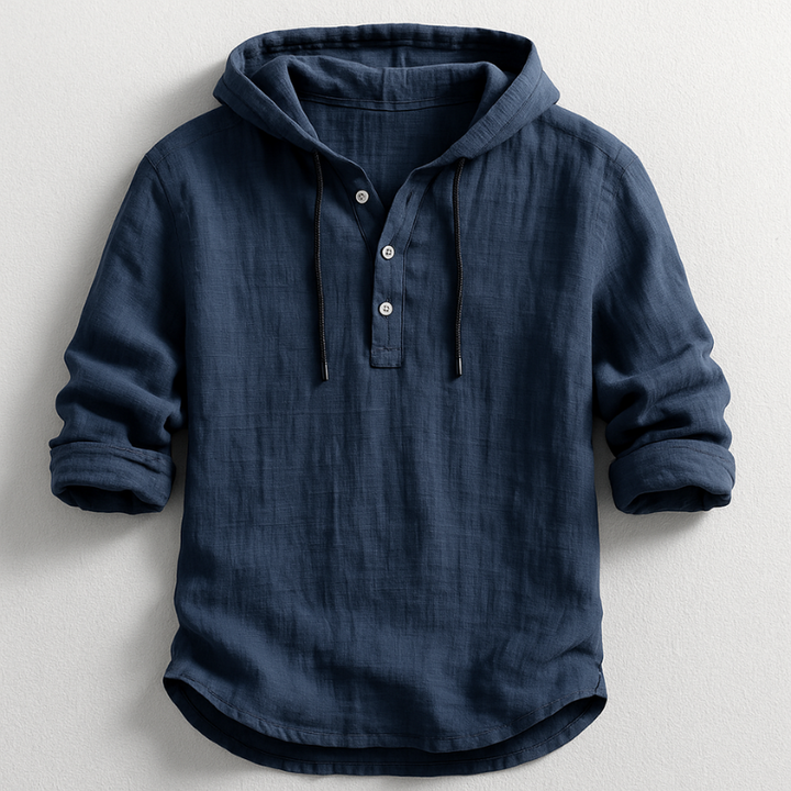 Navy blue men's linen-look hooded henley shirt with a half-button placket, drawstring hood, and roll-back long sleeves.