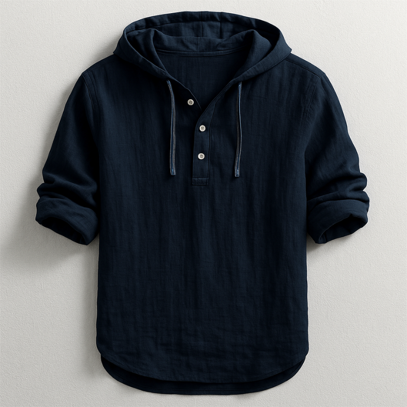 Navy blue men's linen-look hooded henley shirt with a half-button placket, drawstring hood, and rolled-back long sleeves.