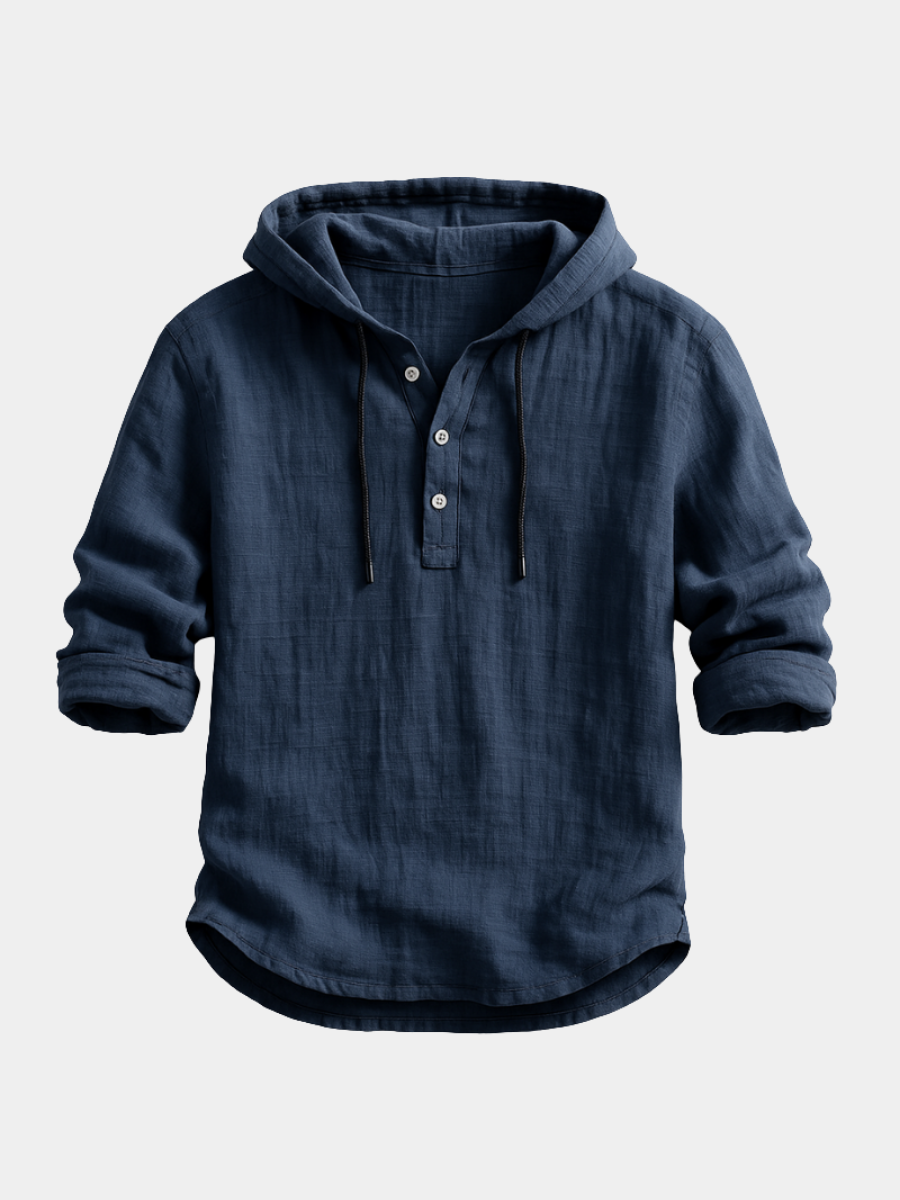 Navy blue men's linen-look hooded henley shirt with a half-button placket, drawstring hood, and rolled-up long sleeves.