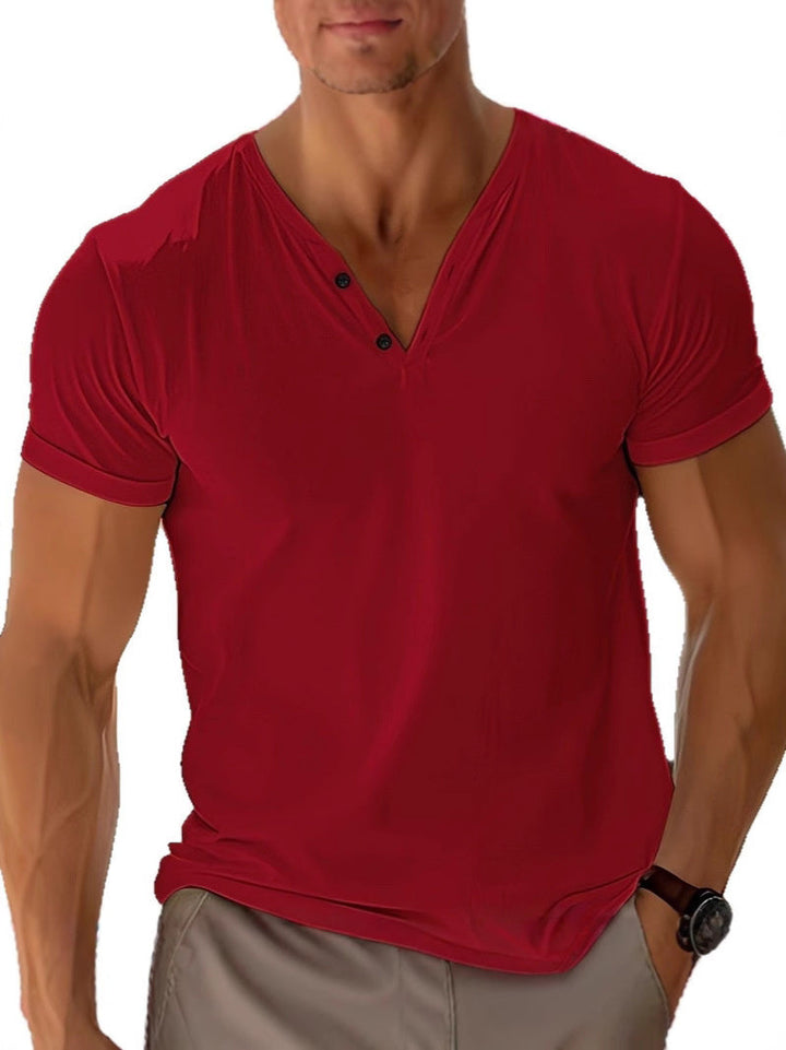 Men's red short-sleeve V-neck t-shirt with a button-detail placket, featuring a soft, relaxed fit.