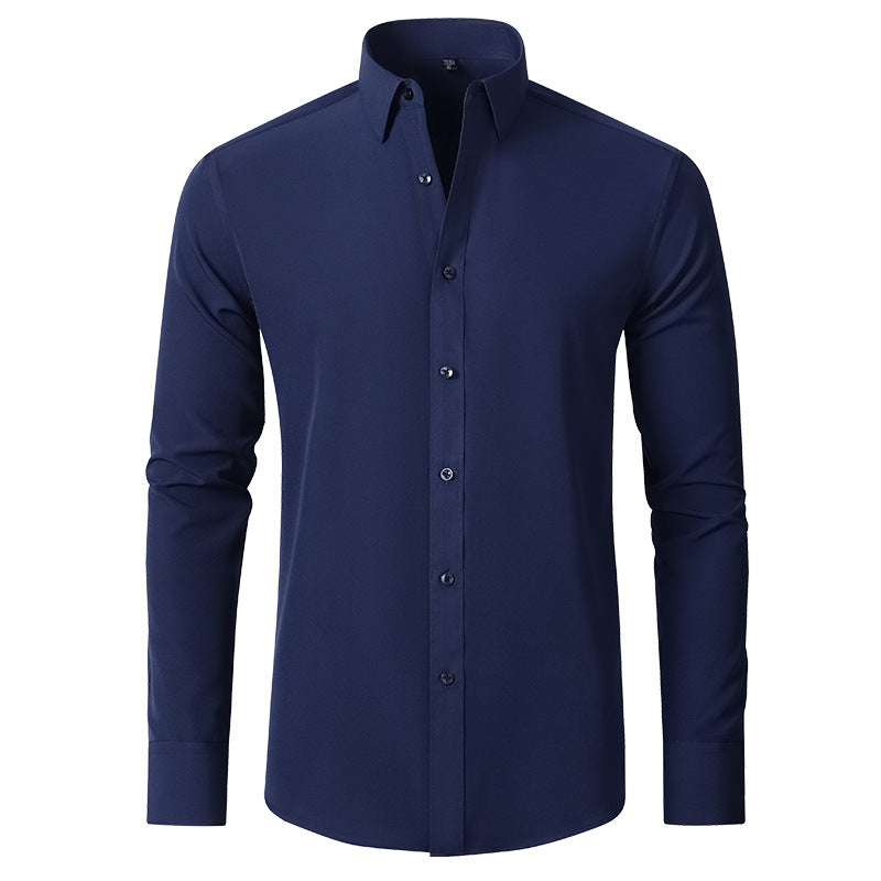 Navy blue slim fit men's dress shirt with a structured collar, long sleeves, and high-stretch fabric.