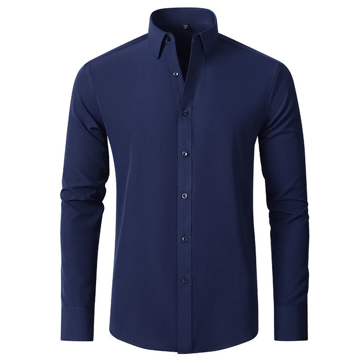 Navy blue slim fit men's dress shirt with a structured collar, long sleeves, and high-stretch fabric.