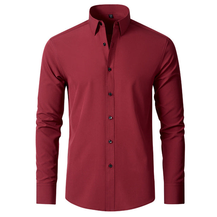 Men's slim fit long-sleeve button-down shirt in deep red, featuring a structured collar and high-stretch fabric.