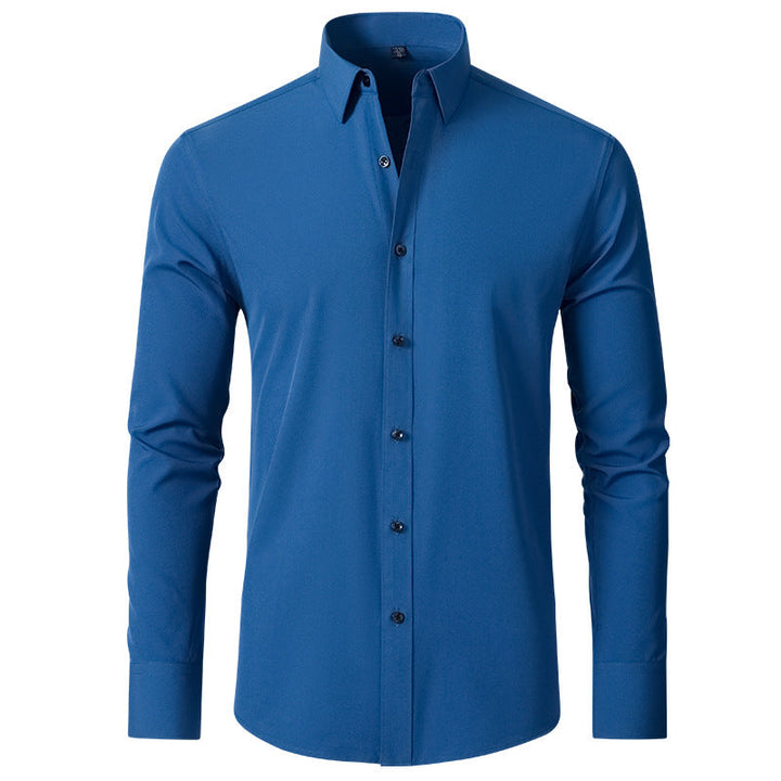 Blue slim-fit men's dress shirt in high-stretch fabric with a structured collar and button-down front.