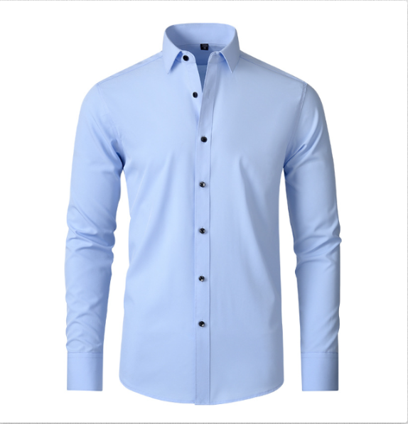 Light blue slim fit men's stretch dress shirt with a structured collar and dark buttons.