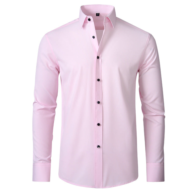 Light pink slim fit stretch dress shirt with a structured collar and contrasting black buttons.