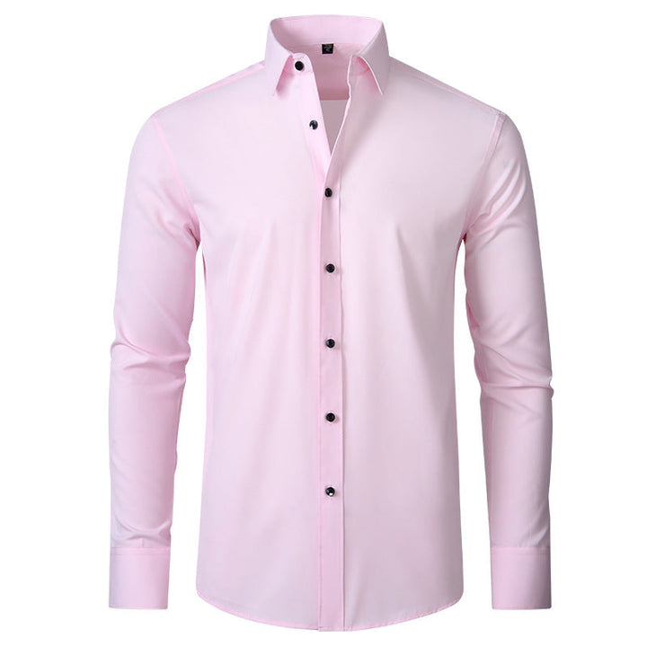 Light pink slim fit stretch dress shirt with a structured collar and contrasting black buttons.