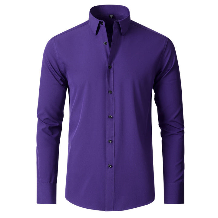 Men's slim fit purple long-sleeve dress shirt in high-stretch fabric with a structured collar and button-down front.