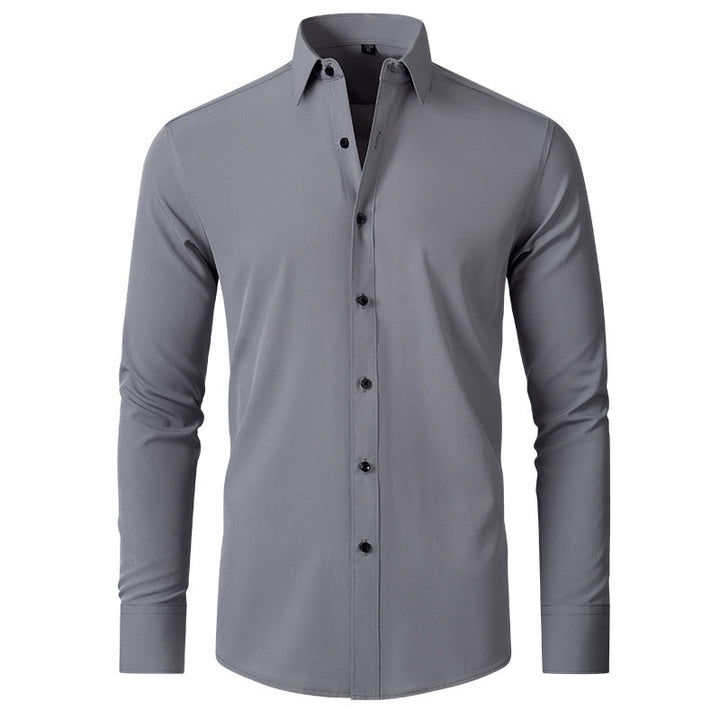 Men's slim fit grey long-sleeve button-down shirt in a smooth, high-stretch fabric with a structured collar.