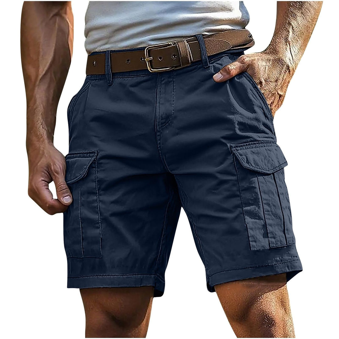 Navy blue knee-length cargo shorts with side utility pockets and a brown leather belt on a man.