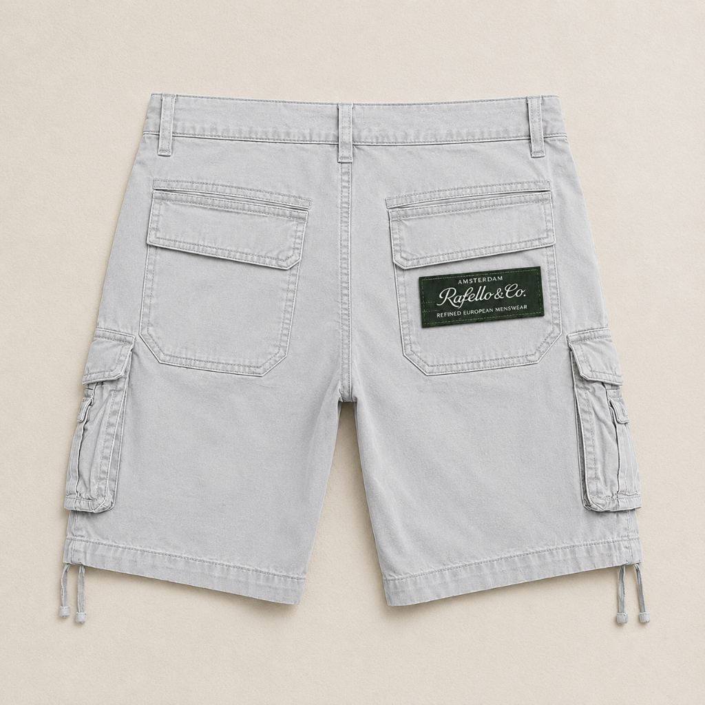 Light grey knee-length cargo shorts with side pockets, back flap pockets, and a Rafello & Co. brand patch.