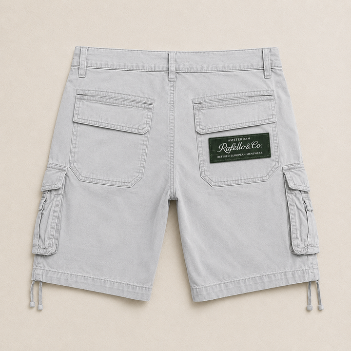 Light grey knee-length cargo shorts with side pockets, back flap pockets, and a Rafello & Co. brand patch.