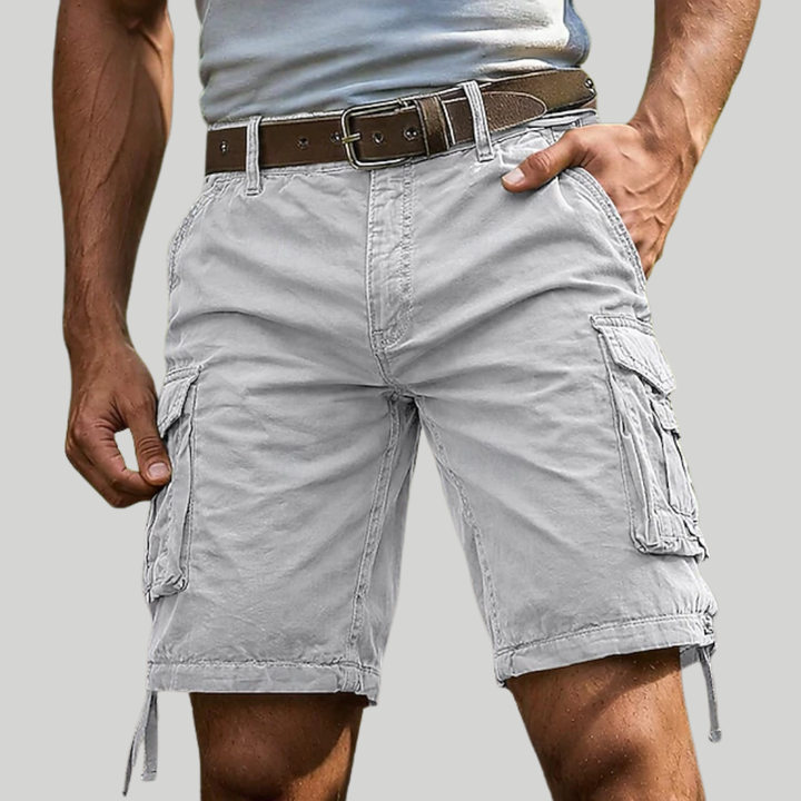 Light grey knee-length cargo shorts with side pockets, featuring a relaxed fit and a brown leather belt.