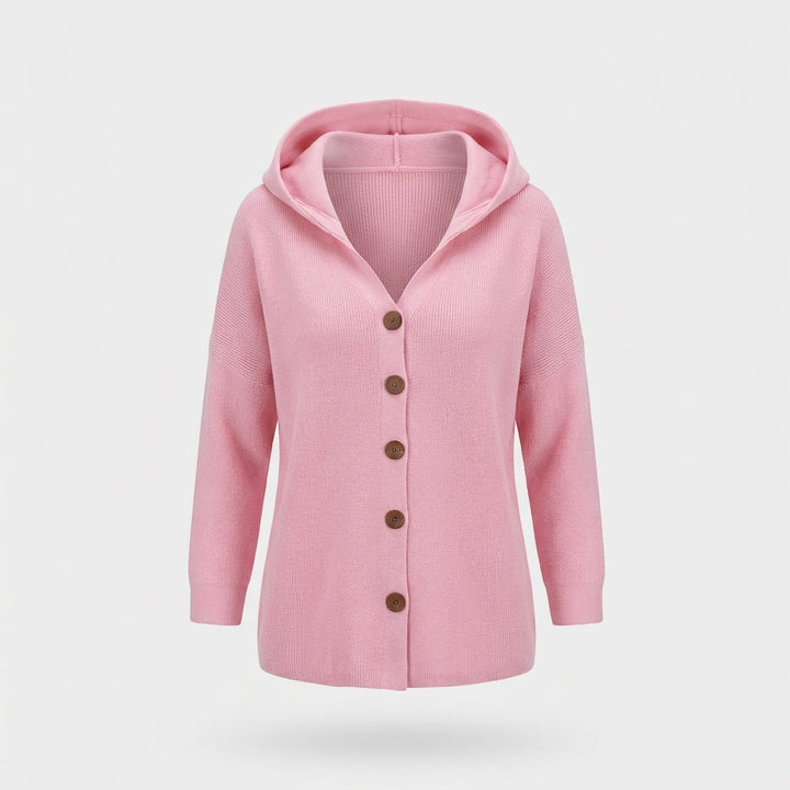 Soft pink knitted hooded cardigan with a relaxed fit and wooden-effect button-up front for cosy layering.