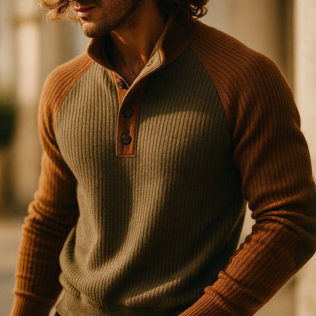 Olive green and brown ribbed knit jumper with a button-neck placket, raglan sleeves, and reinforced elbow patches.