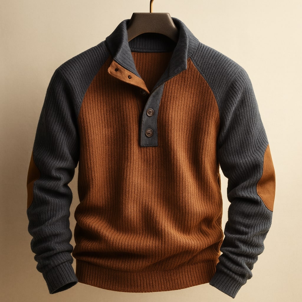 Men's brown and charcoal ribbed knit jumper with raglan sleeves, button-neck placket, and tan elbow patches.