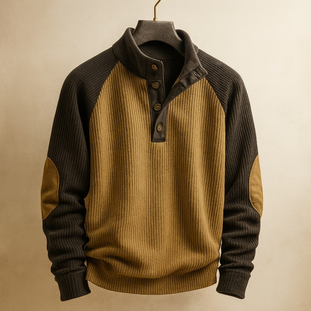 Tan and charcoal ribbed knit jumper with raglan sleeves, button-neck placket, and reinforced elbow patches.