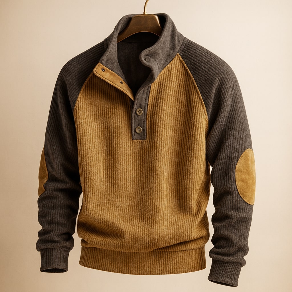 Brown and charcoal ribbed knit jumper with raglan sleeves, button-neck placket, and tan elbow patches.
