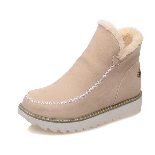 Beige suede-look ankle boots with plush faux fur trim, moccasin stitching, and a grippy ribbed sole for winter comfort.