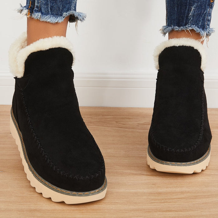 Black suede-look ankle boots featuring a plush faux fur cuff, moccasin-style stitching, and a grippy ribbed sole.