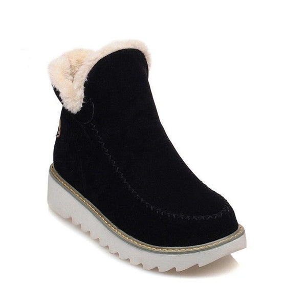 Black suede-look ankle boots with plush faux fur trim, slip-on design, and a grippy ribbed sole for winter comfort.