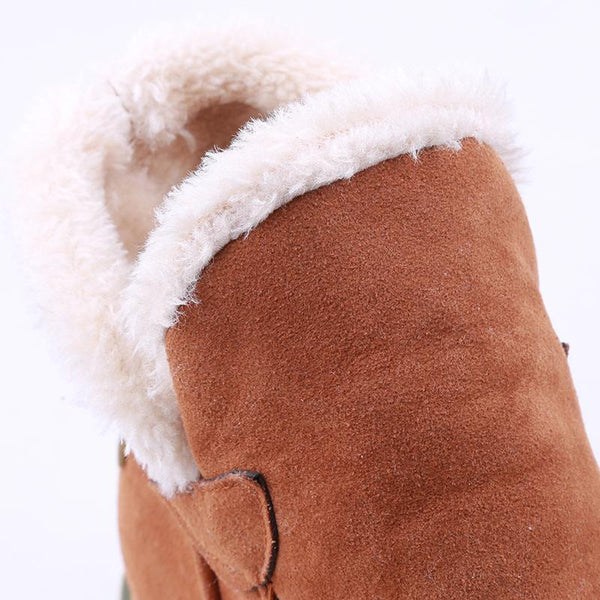 Tan suede-look ankle boot featuring a plush white faux fur cuff for cosy winter warmth and a soft, slip-on design.