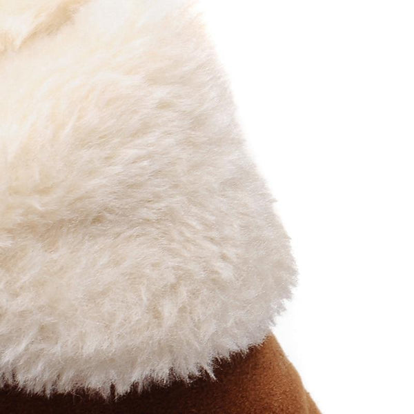 Close-up of Marnie ankle boots featuring soft brown suede-look material and a cosy, fluffy cream faux fur cuff.