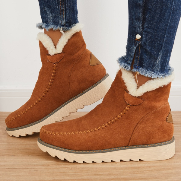 Tan suede-look ankle boots with plush faux fur trim, decorative moccasin stitching, and a grippy ribbed sole for winter.