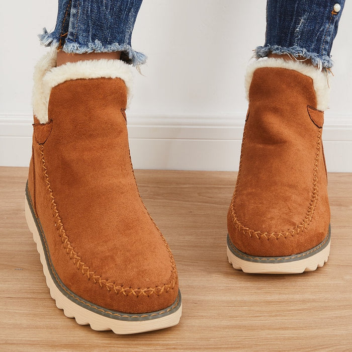Tan suede-look ankle boots featuring a plush faux fur cuff, moccasin-style stitching, and a durable, grippy ribbed sole.