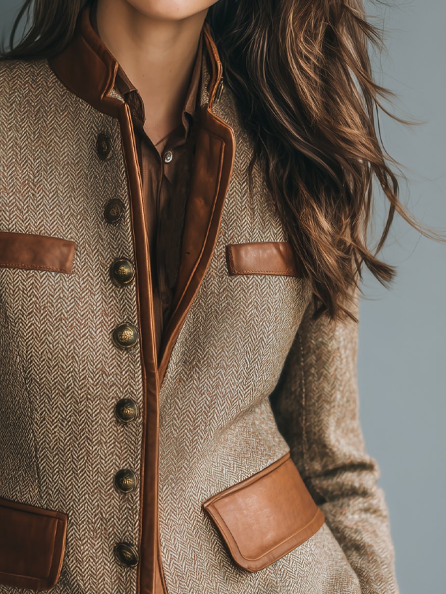 Tailored herringbone tweed blazer with brown leather-look trim, antique brass buttons, and a structured band collar.