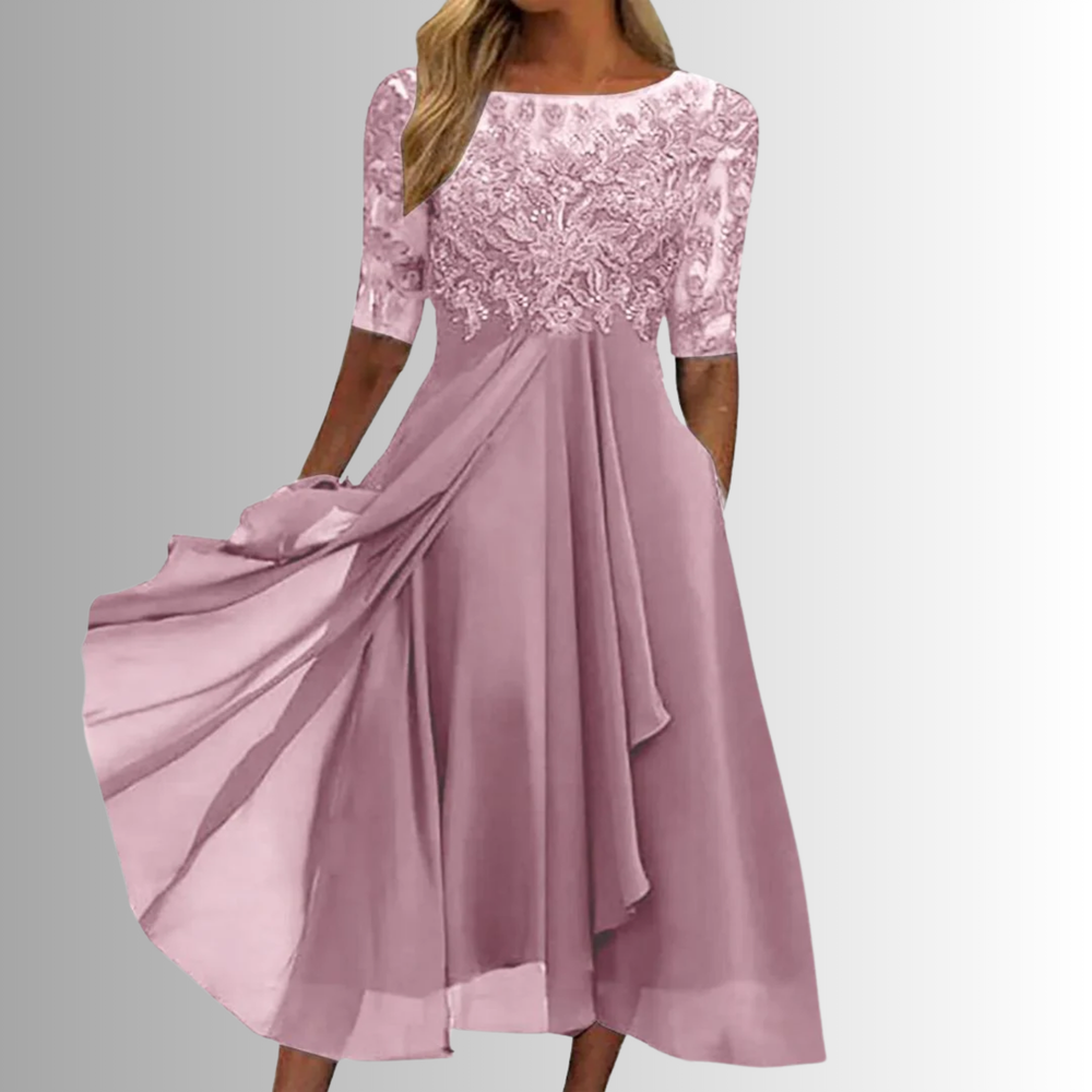 Matilda women's pink lace maxi dress with delicate lace top, flowing skirt, and full back coverage.