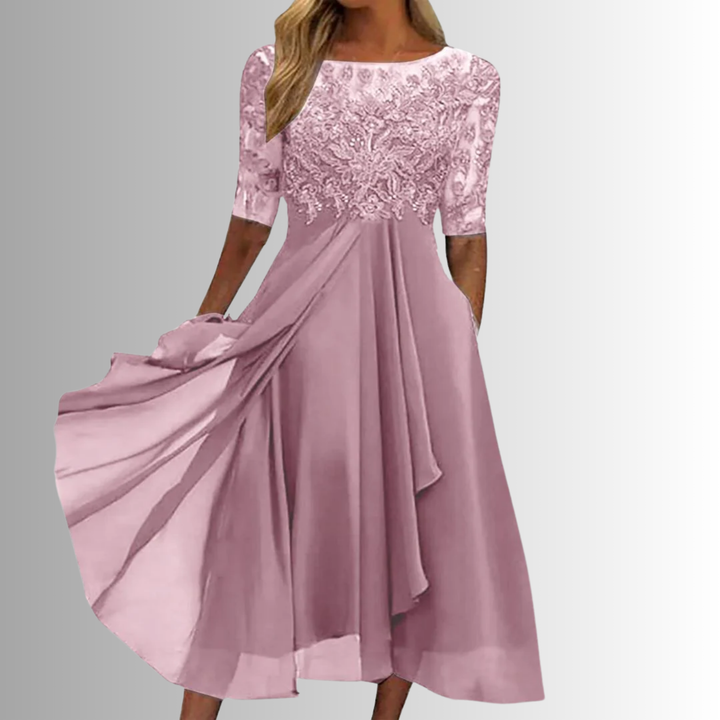 Matilda women's pink lace maxi dress with delicate lace top, flowing skirt, and full back coverage.